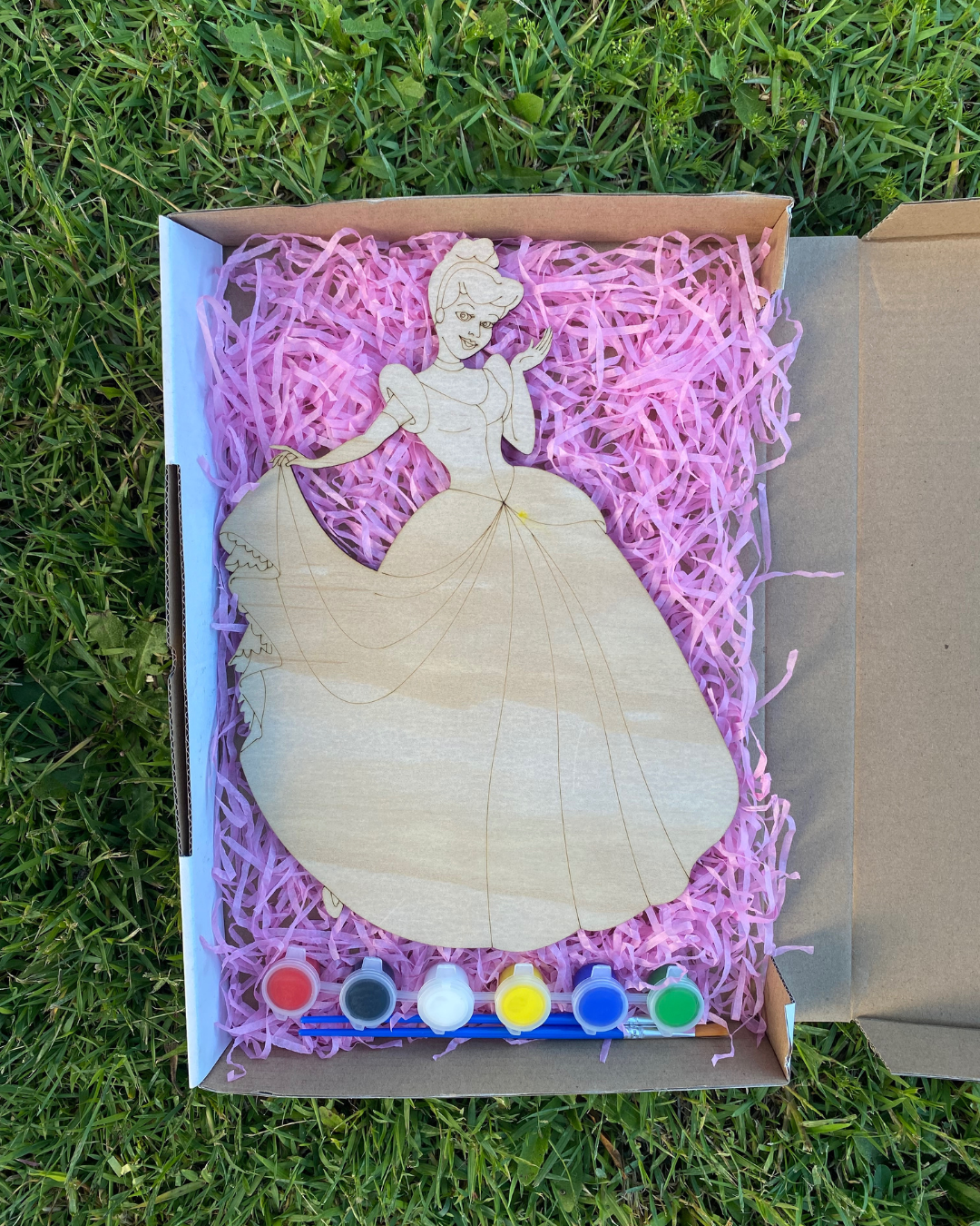 Cardboard box with a paper cutout of a princess in a white dress, surrounded by pink shredded paper and paint bottles on grass.